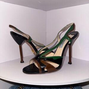 Prada Green Brown Black Patent Leather Slingback Heels